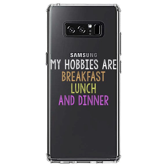 DistinctInk Clear Shockproof Hybrid Case for Samsung Galaxy Note 8 - TPU Bumper Acrylic Back Tempered Glass Screen Protector - My Hobbies Are Breakfast Lunch & Dinner