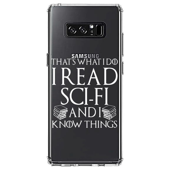 DistinctInk Clear Shockproof Hybrid Case for Samsung Galaxy Note 8 - TPU Bumper Acrylic Back Tempered Glass Screen Protector - I Read Sci-Fi and I Know Things