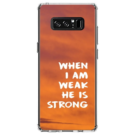 DistinctInk Clear Shockproof Hybrid Case for Samsung Galaxy Note 8 - TPU Bumper, Acrylic Back, Tempered Glass Screen Protector - When I Am Weak, He Is Strong - Christ
