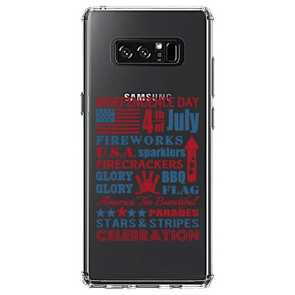 DistinctInk Clear Shockproof Hybrid Case for Samsung Galaxy Note 8 - TPU Bumper Acrylic Back Tempered Glass Screen Protector - Independence Day Word Art