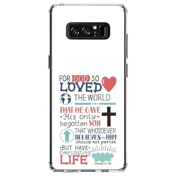 DistinctInk Clear Shockproof Hybrid Case for Samsung Galaxy Note 8 - TPU Bumper, Acrylic Back, Tempered Glass Screen Protector - John 3:16 - Pink Teal - For God So Loved The World