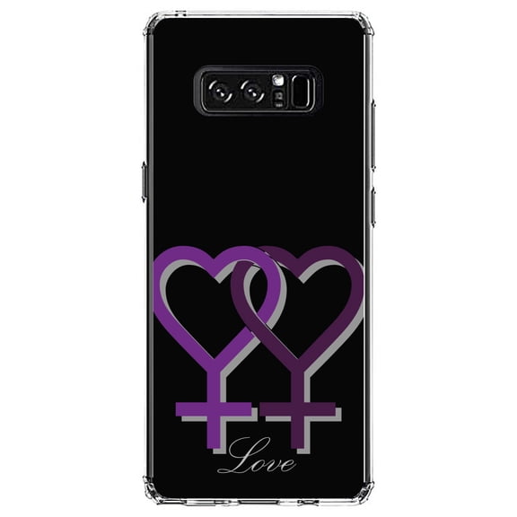 DistinctInk Clear Shockproof Hybrid Case for Samsung Galaxy Note 8 - TPU Bumper, Acrylic Back, Tempered Glass Screen Protector - Lesbian Purple Symbols Love - LGBTQ Support