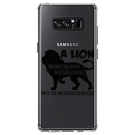 DistinctInk Clear Shockproof Hybrid Case for Samsung Galaxy Note 8 - TPU Bumper Acrylic Back Tempered Glass Screen Protector - Lion Hunts for Survival Does Not Envy Zoo