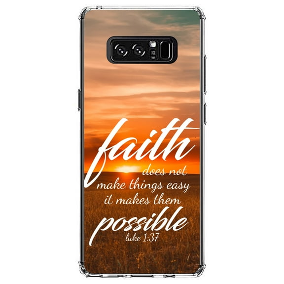 DistinctInk Clear Shockproof Hybrid Case for Samsung Galaxy Note 8 - TPU Bumper, Acrylic Back, Tempered Glass Screen Protector - Luke 1:37 - Faith Does Not Make Easy Makes Possible