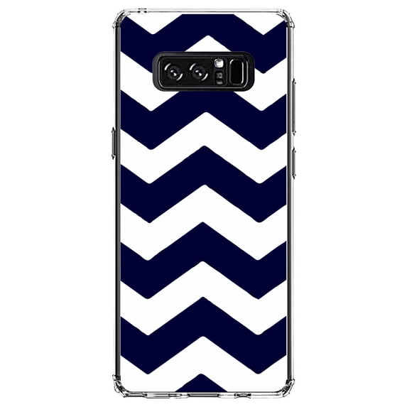 DistinctInk Clear Shockproof Hybrid Case for Samsung Galaxy Note 8 - TPU Bumper, Acrylic Back, Tempered Glass Screen Protector - Navy Blue White Stripes - Stripes Pattern