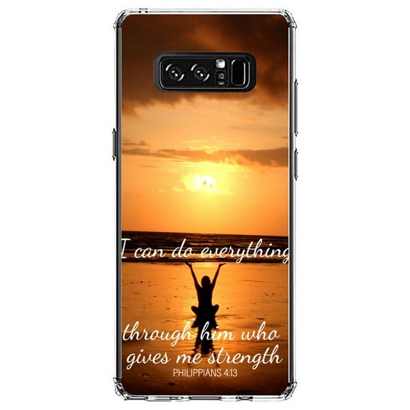 DistinctInk Clear Shockproof Hybrid Case for Samsung Galaxy Note 8 - TPU Bumper, Acrylic Back, Tempered Glass Screen Protector - Philippians 4:13 - Through Him who gives strength
