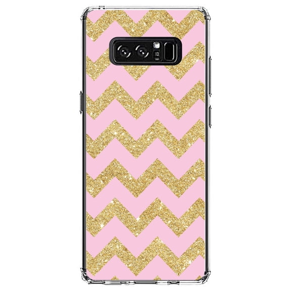 DistinctInk Clear Shockproof Hybrid Case for Samsung Galaxy Note 8 - TPU Bumper, Acrylic Back, Tempered Glass Screen Protector - Pink & Gold Print - Chevron Pattern