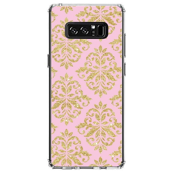 DistinctInk Clear Shockproof Hybrid Case for Samsung Galaxy Note 8 - TPU Bumper, Acrylic Back, Tempered Glass Screen Protector - Pink & Gold Print - Damask Pattern