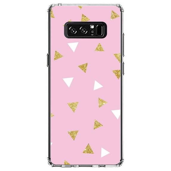 DistinctInk Clear Shockproof Hybrid Case for Samsung Galaxy Note 8 - TPU Bumper, Acrylic Back, Tempered Glass Screen Protector - Pink & Gold Print - Triangles Pattern