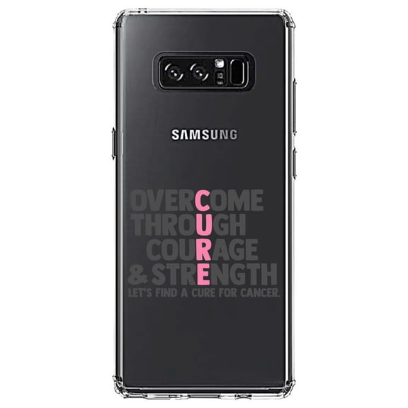 DistinctInk Clear Shockproof Hybrid Case for Samsung Galaxy Note 8 - TPU Bumper Acrylic Back Tempered Glass Screen Protector - Pink Ribbon Cancer - Cure Word Art