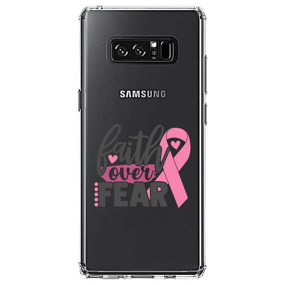 DistinctInk Clear Shockproof Hybrid Case for Samsung Galaxy Note 8 - TPU Bumper Acrylic Back Tempered Glass Screen Protector - Pink Ribbon Cancer - Faith Over Fear