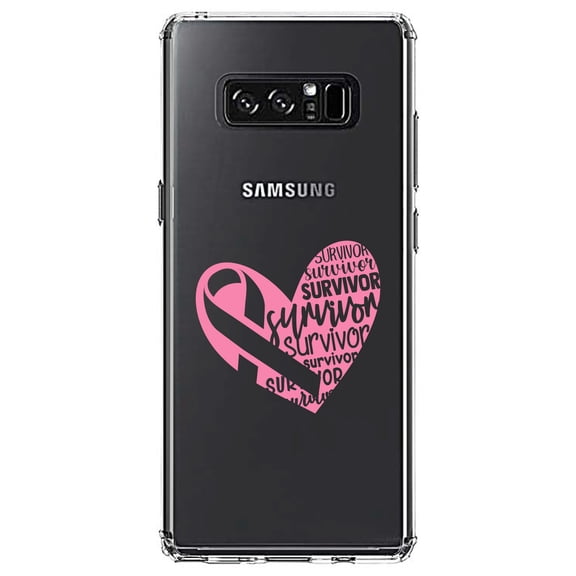 DistinctInk Clear Shockproof Hybrid Case for Samsung Galaxy Note 8 - TPU Bumper Acrylic Back Tempered Glass Screen Protector - Pink Ribbon Cancer - Survivor Heart