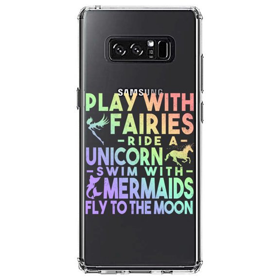 DistinctInk Clear Shockproof Hybrid Case for Samsung Galaxy Note 8 - TPU Bumper Acrylic Back Tempered Glass Screen Protector - Play With Fairs Ride Unicorn Mermaids Moon