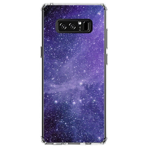 DistinctInk Clear Shockproof Hybrid Case for Samsung Galaxy Note 8 - TPU Bumper, Acrylic Back, Tempered Glass Screen Protector - Purple Black White Stars Nebula - Astronomy