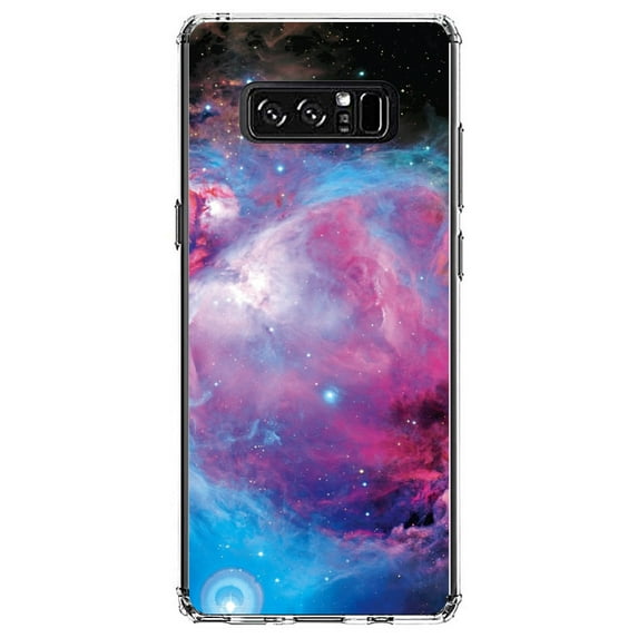 DistinctInk Clear Shockproof Hybrid Case for Samsung Galaxy Note 8 - TPU Bumper, Acrylic Back, Tempered Glass Screen Protector - Purple Blue Black Orion Nebula - Astronomy