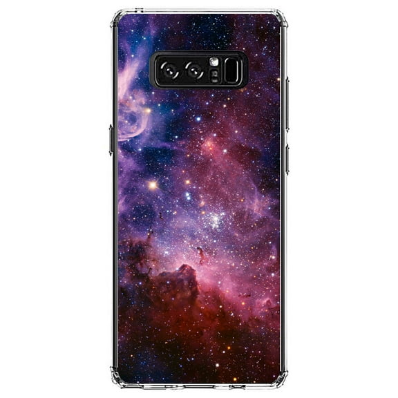 DistinctInk Clear Shockproof Hybrid Case for Samsung Galaxy Note 8 - TPU Bumper, Acrylic Back, Tempered Glass Screen Protector - Purple Pink Carina Nebula - Astronomy