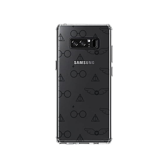 DistinctInk Clear Shockproof Hybrid Case for Samsung Galaxy Note 8 - TPU Bumper, Acrylic Back, Tempered Glass Screen Protector - Round Glasses with Symbol and Snitch