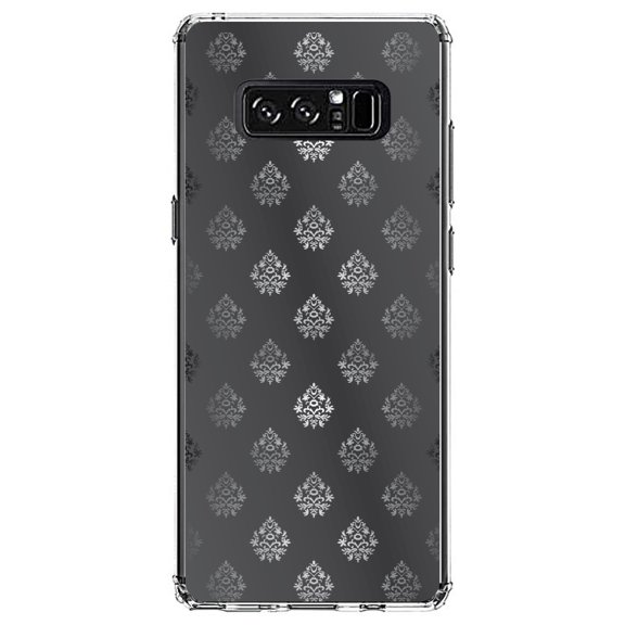 DistinctInk Clear Shockproof Hybrid Case for Samsung Galaxy Note 8 - TPU Bumper, Acrylic Back, Tempered Glass Screen Protector - Silver Grey Black White Damask - Floral Damask Pattern