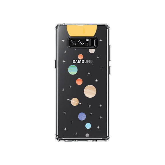 DistinctInk Clear Shockproof Hybrid Case for Samsung Galaxy Note 8 - TPU Bumper, Acrylic Back, Tempered Glass Screen Protector - Solar System - Planets with Sun