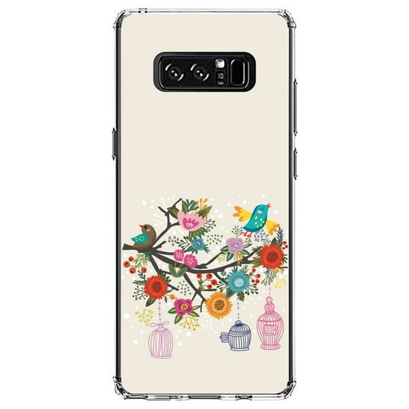 DistinctInk Clear Shockproof Hybrid Case for Samsung Galaxy Note 8 - TPU Bumper, Acrylic Back, Tempered Glass Screen Protector - Spring Collection - Floral Birds Teal Red