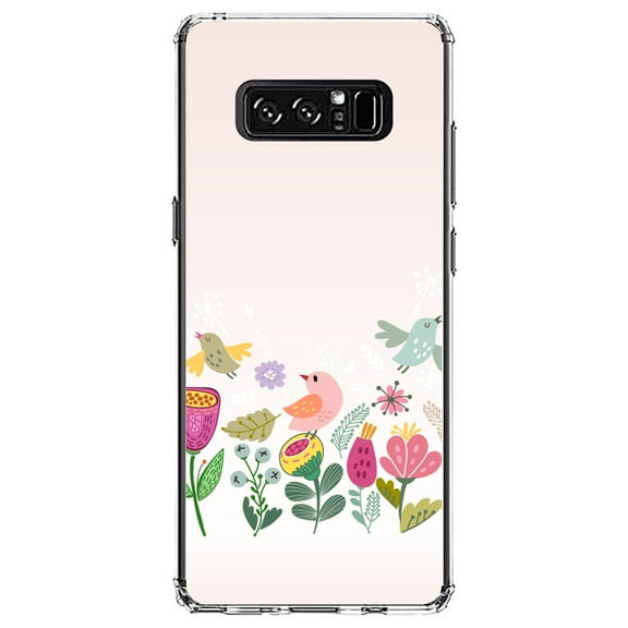 DistinctInk Clear Shockproof Hybrid Case for Samsung Galaxy Note 8 - TPU Bumper, Acrylic Back, Tempered Glass Screen Protector - Spring Collection - Flowers and Birds