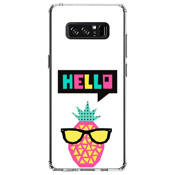 DistinctInk Clear Shockproof Hybrid Case for Samsung Galaxy Note 8 - TPU Bumper, Acrylic Back, Tempered Glass Screen Protector - Summer Graphics - Hello Cartoon Pineapple