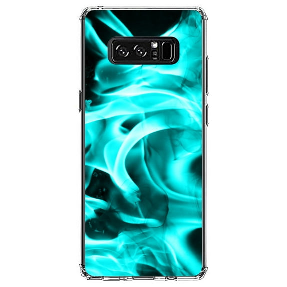 DistinctInk Clear Shockproof Hybrid Case for Samsung Galaxy Note 8 - TPU Bumper, Acrylic Back, Tempered Glass Screen Protector - Teal Black Flame Fire - Printed Image of Fire