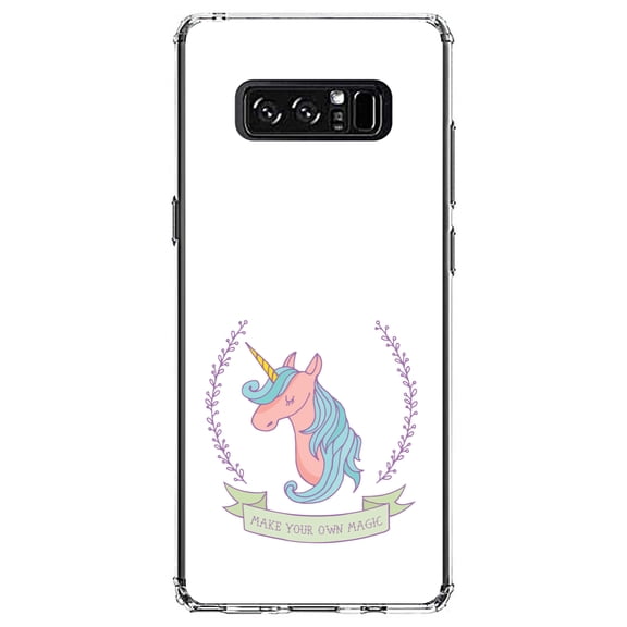 DistinctInk Clear Shockproof Hybrid Case for Samsung Galaxy Note 8 - TPU Bumper, Acrylic Back, Tempered Glass Screen Protector - Unicorn - Make Your Own Magic - White