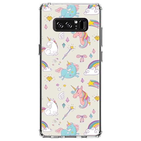 DistinctInk Clear Shockproof Hybrid Case for Samsung Galaxy Note 8 - TPU Bumper, Acrylic Back, Tempered Glass Screen Protector - Unicorn Rainbow Wand Pattern - Beige