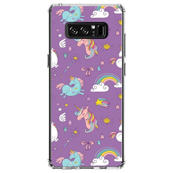 DistinctInk Clear Shockproof Hybrid Case for Samsung Galaxy Note 8 - TPU Bumper, Acrylic Back, Tempered Glass Screen Protector - Unicorn Rainbow Wand Pattern - Purple