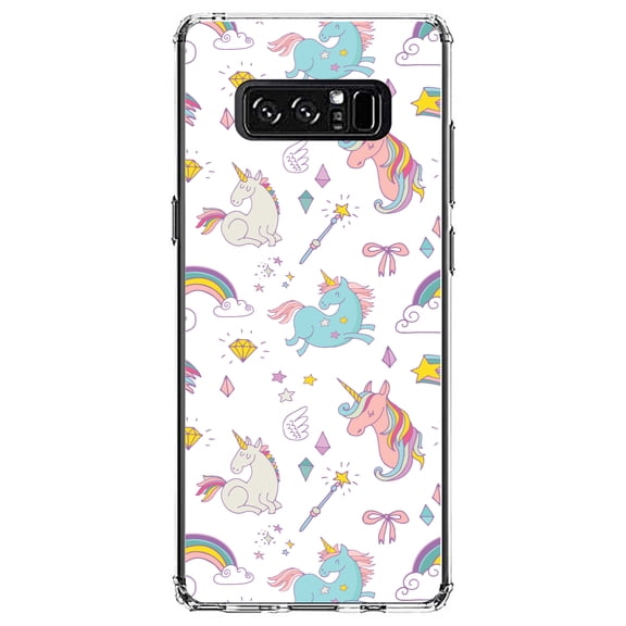 DistinctInk Clear Shockproof Hybrid Case for Samsung Galaxy Note 8 - TPU Bumper, Acrylic Back, Tempered Glass Screen Protector - Unicorn Rainbow Wand Pattern - White