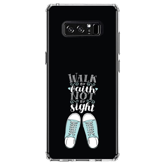 DistinctInk Clear Shockproof Hybrid Case for Samsung Galaxy Note 8 - TPU Bumper, Acrylic Back, Tempered Glass Screen Protector - Walk By Faith Not By Sign - Sneakers