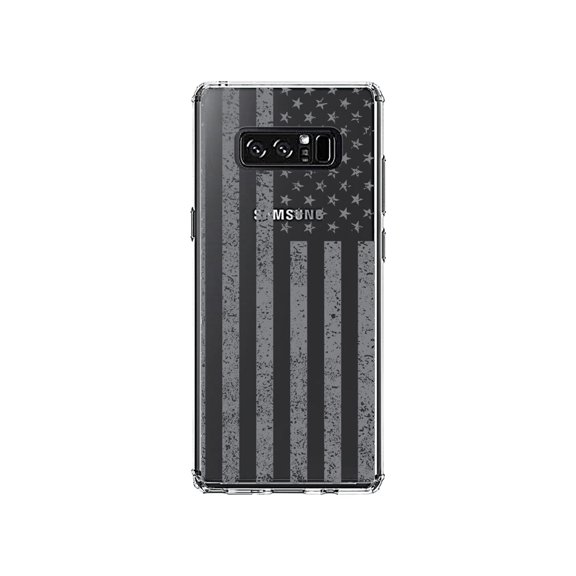 DistinctInk Clear Shockproof Hybrid Case for Samsung Galaxy Note 8 - TPU Bumper, Acrylic Back, Tempered Glass Screen Protector - Weathered Grey US Flag