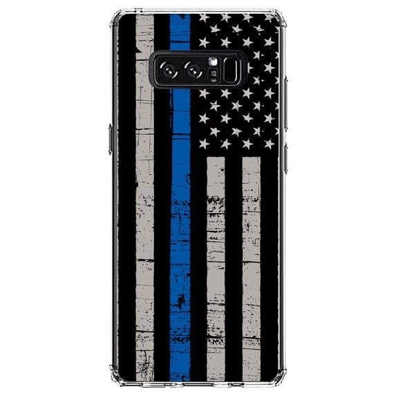 DistinctInk Clear Shockproof Hybrid Case for Samsung Galaxy Note 8 - TPU Bumper, Acrylic Back, Tempered Glass Screen Protector - Weathered Thin Blue Line US Flag - First Responders