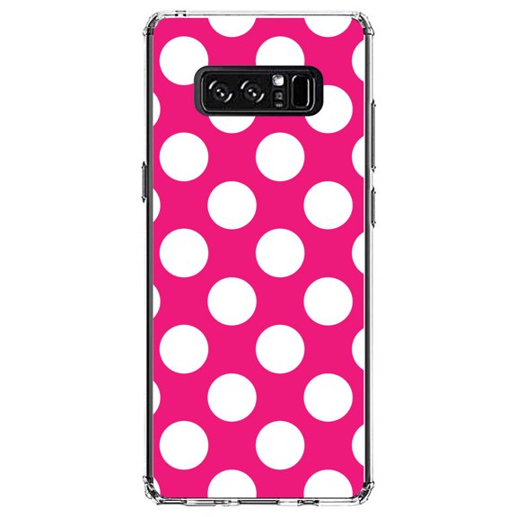 DistinctInk Clear Shockproof Hybrid Case for Samsung Galaxy Note 8 - TPU Bumper, Acrylic Back, Tempered Glass Screen Protector - White & Hot Pink Polka Dots