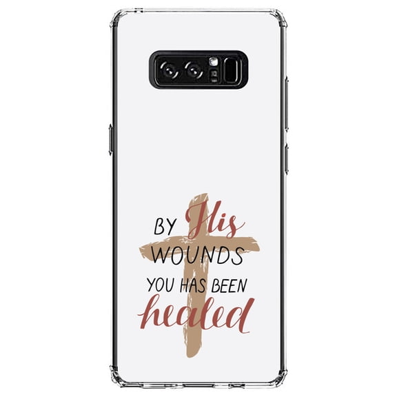 DistinctInk Clear Shockproof Hybrid Case for Samsung Galaxy Note 8 - TPU Bumper, Acrylic Back, Tempered Glass Screen Protector - By His Wounds You Has Been Healed - Cross