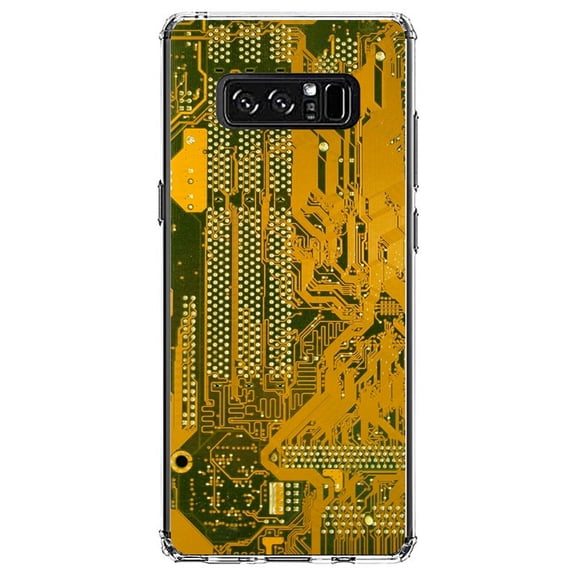 DistinctInk Clear Shockproof Hybrid Case for Samsung Galaxy Note 8 - TPU Bumper, Acrylic Back, Tempered Glass Screen Protector - Yellow Circuit Board Image - Printed Circuit Board Image