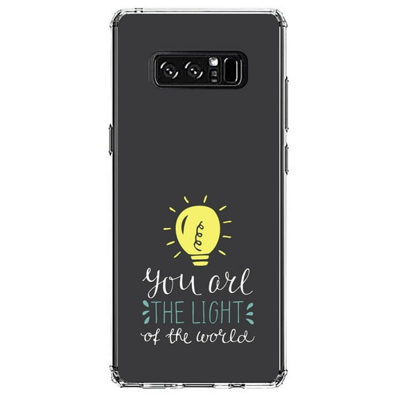 DistinctInk Clear Shockproof Hybrid Case for Samsung Galaxy Note 8 - TPU Bumper, Acrylic Back, Tempered Glass Screen Protector - You Are the Light of the World / Bulb
