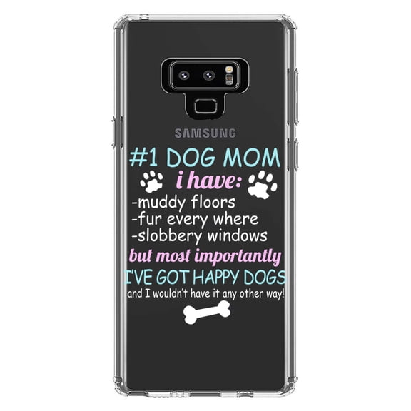 DistinctInk Clear Shockproof Hybrid Case for Samsung Galaxy Note 9 - TPU Bumper Acrylic Back Tempered Glass Screen Protector - #1 Dog Mom - I've Got Happy Dogs