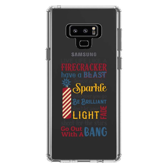 DistinctInk Clear Shockproof Hybrid Case for Samsung Galaxy Note 9 - TPU Bumper Acrylic Back Tempered Glass Screen Protector - 4th of July Word Art Firecracker