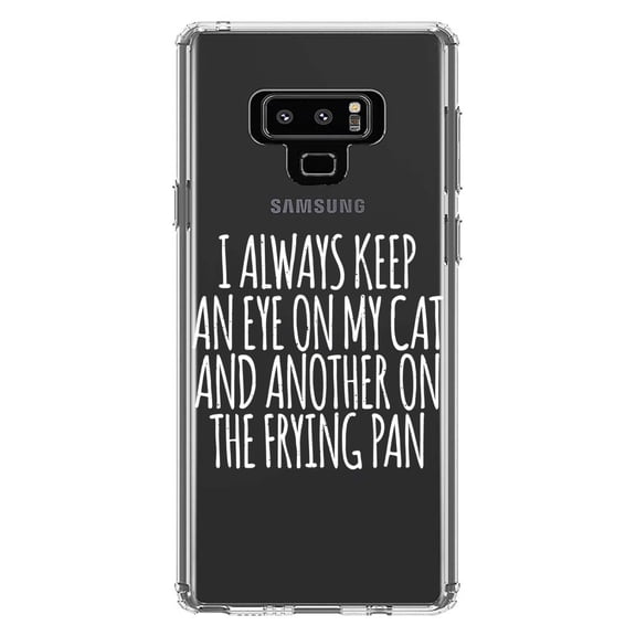 DistinctInk Clear Shockproof Hybrid Case for Samsung Galaxy Note 9 - TPU Bumper Acrylic Back Tempered Glass Screen Protector - Always Keep Eye on Cat and on Frying Pan