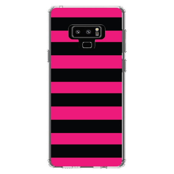DistinctInk Clear Shockproof Hybrid Case for Samsung Galaxy Note 9 - TPU Bumper, Acrylic Back, Tempered Glass Screen Protector - Black & Pink Bold Horizontal Stripes