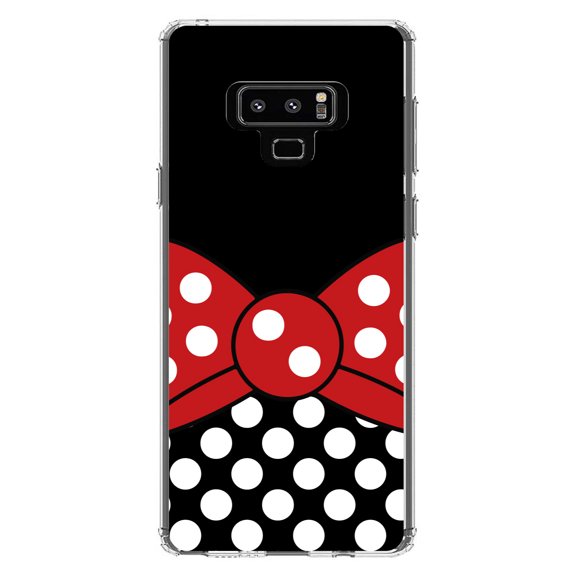 DistinctInk Clear Shockproof Hybrid Case for Samsung Galaxy Note 9 - TPU Bumper, Acrylic Back, Tempered Glass Screen Protector - Black White Polka Dot Red Bow Minnie