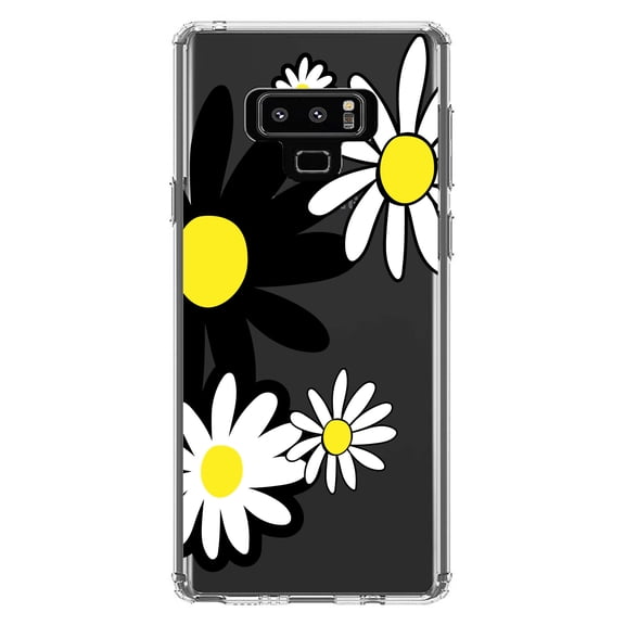 DistinctInk Clear Shockproof Hybrid Case for Samsung Galaxy Note 9 - TPU Bumper Acrylic Back Tempered Glass Screen Protector - Black & Yellow Modern Daisies