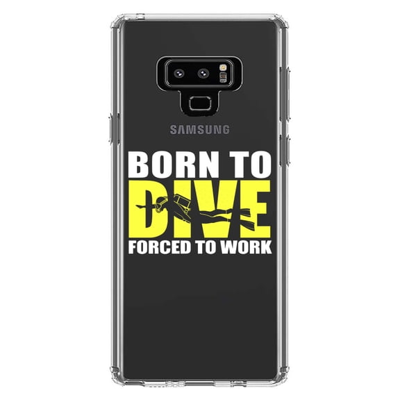 DistinctInk Clear Shockproof Hybrid Case for Samsung Galaxy Note 9 - TPU Bumper Acrylic Back Tempered Glass Screen Protector - Born to Dive, Forced to Work