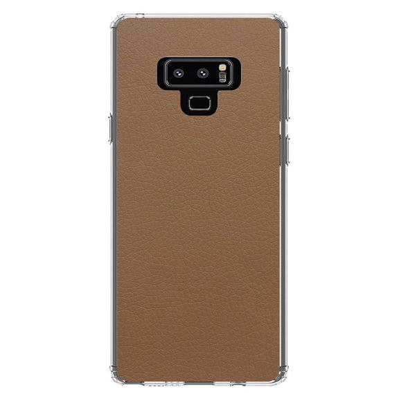 DistinctInk Clear Shockproof Hybrid Case for Samsung Galaxy Note 9 - TPU Bumper, Acrylic Back, Tempered Glass Screen Protector - Brown Faux Leather Print Design - Printed Faux Leather Image