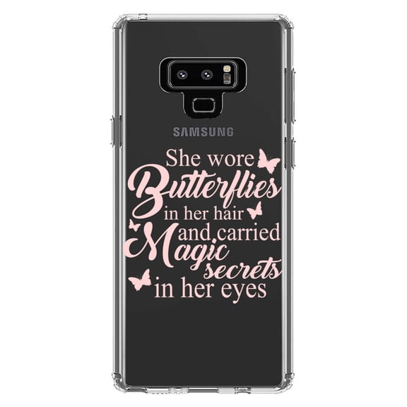 DistinctInk Clear Shockproof Hybrid Case for Samsung Galaxy Note 9 - TPU Bumper Acrylic Back Tempered Glass Screen Protector - Butterflies in Her Hari, Magic Secret Eyes