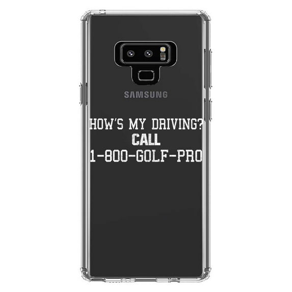 DistinctInk Clear Shockproof Hybrid Case for Samsung Galaxy Note 9 - TPU Bumper Acrylic Back Tempered Glass Screen Protector - How's My Driving Call 1-800-GOLF-PRO