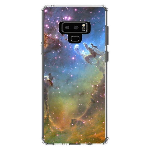 DistinctInk Clear Shockproof Hybrid Case for Samsung Galaxy Note 9 - TPU Bumper, Acrylic Back, Tempered Glass Screen Protector - Eagle Nebula Orange Blue - Astronomy