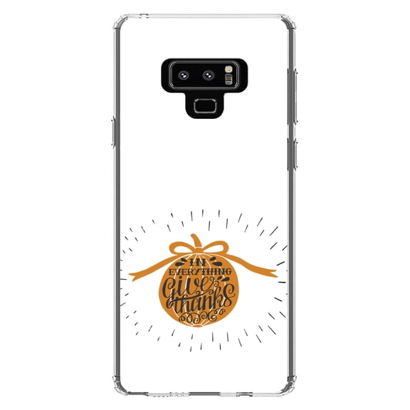 DistinctInk Clear Shockproof Hybrid Case for Samsung Galaxy Note 9 - TPU Bumper, Acrylic Back, Tempered Glass Screen Protector - In Everything Give Thanks - Orange White